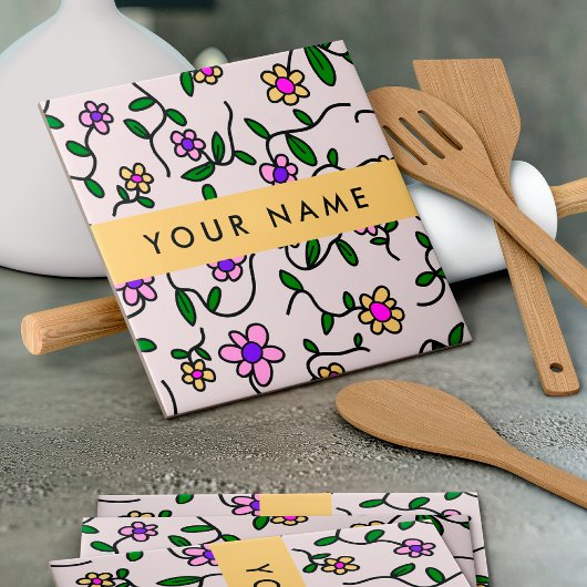 カラフル花、ピンク背景、黄色 タイル