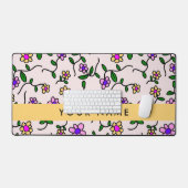 カラフル花、ピンク背景、黄色 デスクマット (キーボード&マウス)