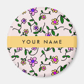 カラフル花、ピンク背景、黄色 マグネット (正面)