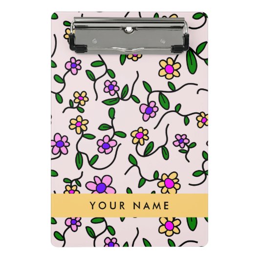 カラフル花、ピンク背景、黄色 ミニクリップボード (正面)