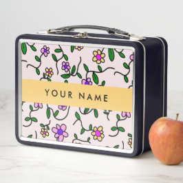 カラフル花、ピンク背景、黄色 メタルランチボックス