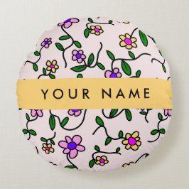 カラフル花、ピンク背景、黄色 ラウンドクッション