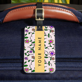 カラフル花、ピンク背景、黄色 ラゲッジタグ