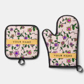 カラフル花、ピンク背景、黄色 鍋つかみ&鍋敷きセット (正面)