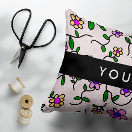 カラフル花、ピンク背景、黒 アクセントクッション