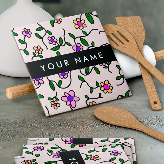 カラフル花、ピンク背景、黒 タイル