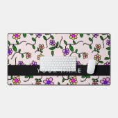 カラフル花、ピンク背景、黒 デスクマット (キーボード&マウス)