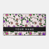 カラフル花、ピンク背景、黒 デスクマット (正面)