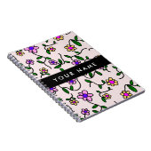 カラフル花、ピンク背景、黒 ノートブック (右側)