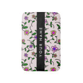 カラフル花、ピンク背景、黒 バスマット (正面縦)