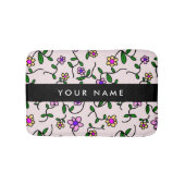 カラフル花、ピンク背景、黒 バスマット (正面)