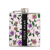 カラフル花、ピンク背景、黒 フラスク (正面)