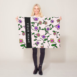 カラフル花、ピンク背景、黒 フリースブランケット