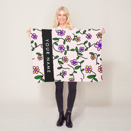 カラフル花、ピンク背景、黒 フリースブランケット (インサイチュ)