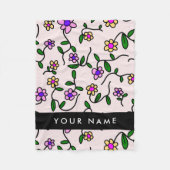 カラフル花、ピンク背景、黒 フリースブランケット (正面)