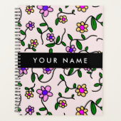 カラフル花、ピンク背景、黒 プランナー手帳 (正面)