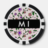 カラフル花、ピンク背景、黒 ポーカーチップ (正面)