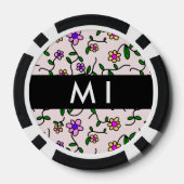 カラフル花、ピンク背景、黒 ポーカーチップ (裏面)