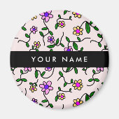 カラフル花、ピンク背景、黒 マグネット (正面)