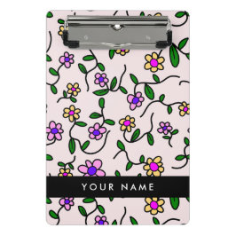 カラフル花、ピンク背景、黒 ミニクリップボード