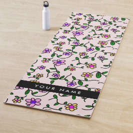 カラフル花、ピンク背景、黒 ヨガマット
