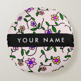 カラフル花、ピンク背景、黒 ラウンドクッション