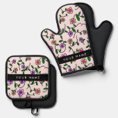 カラフル花、ピンク背景、黒 鍋つかみ&鍋敷きセット (正面/裏面)