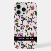 カラフル花、ピンク背景、黒 iPhoneケース (裏面)