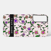 カラフル花、ピンク背景、黒 SAMSUNG GALAXYケース (裏面横)