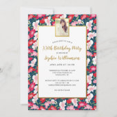 カラフル花、任意の年齢を追加フォト誕生日パーティー 招待状 (正面)