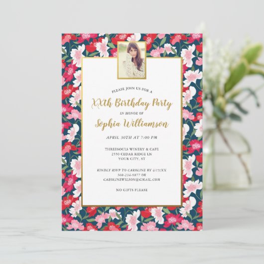 カラフル花、任意の年齢を追加フォト誕生日パーティー 招待状 (スタンド正面)