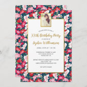 カラフル花、任意の年齢を追加フォト誕生日パーティー 招待状 (正面/裏面)
