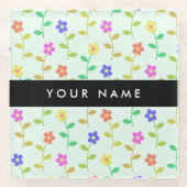 カラフル花、緑（淡色）、背景（黒） ガラスコースター (正面)