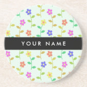 カラフル花、緑（淡色）、背景（黒） コースター (正面)