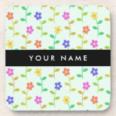 カラフル花、緑（淡色）、背景（黒） コースター (正面)