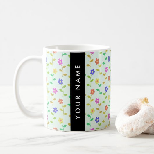 カラフル花、緑（淡色）、背景（黒） コーヒーマグカップ (ドーナツ)