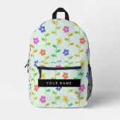 カラフル花、緑（淡色）、背景（黒） プリントバックパック (正面)