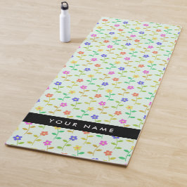 カラフル花、緑（淡色）、背景（黒） ヨガマット