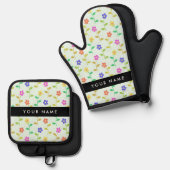 カラフル花、緑（淡色）、背景（黒） 鍋つかみ&鍋敷きセット (正面/裏面)