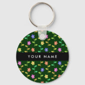 カラフル花、緑、背景、黒 キーホルダー (正面)