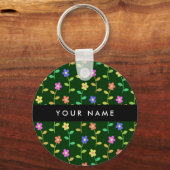 カラフル花、緑、背景、黒 キーホルダー (正面)