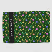 カラフル花、緑、背景、黒 ゴルフタオル (横)