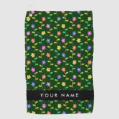 カラフル花、緑、背景、黒 ゴルフタオル (正面)