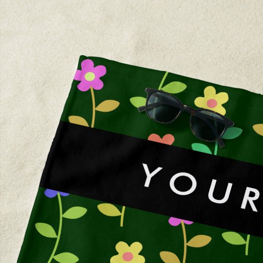 カラフル花、緑、背景、黒 ビーチタオル (インサイチュ)