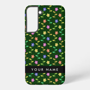 カラフル花、緑、背景、黒 SAMSUNG GALAXY S22+ケース