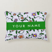 カラフル花、青い背景、緑 アクセントクッション (正面)