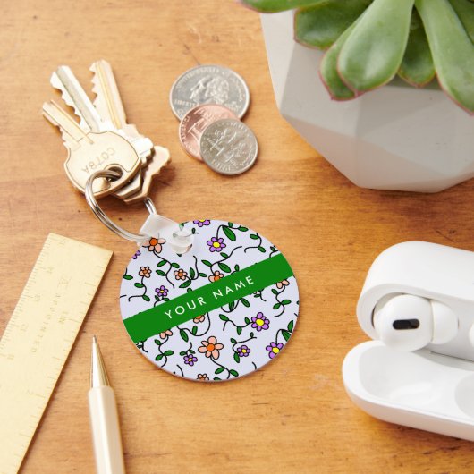 カラフル花、青い背景、緑 キーホルダー (デスク)