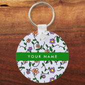 カラフル花、青い背景、緑 キーホルダー (正面)