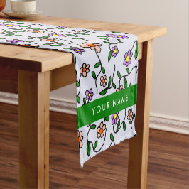 カラフル花、青い背景、緑 ショートテーブルランナー