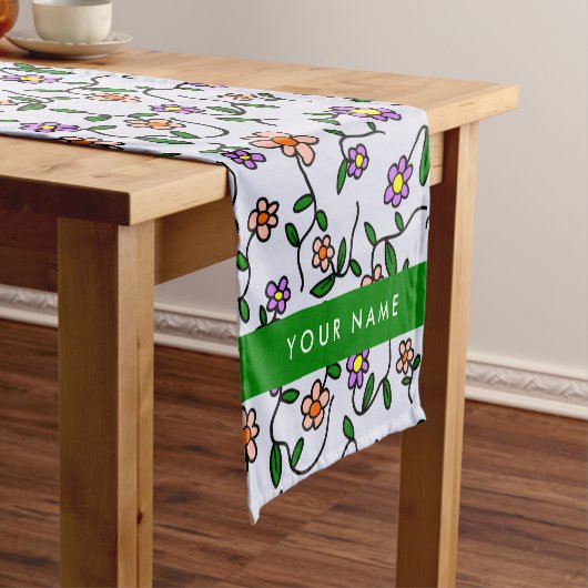 カラフル花、青い背景、緑 ショートテーブルランナー (インサイチュ)